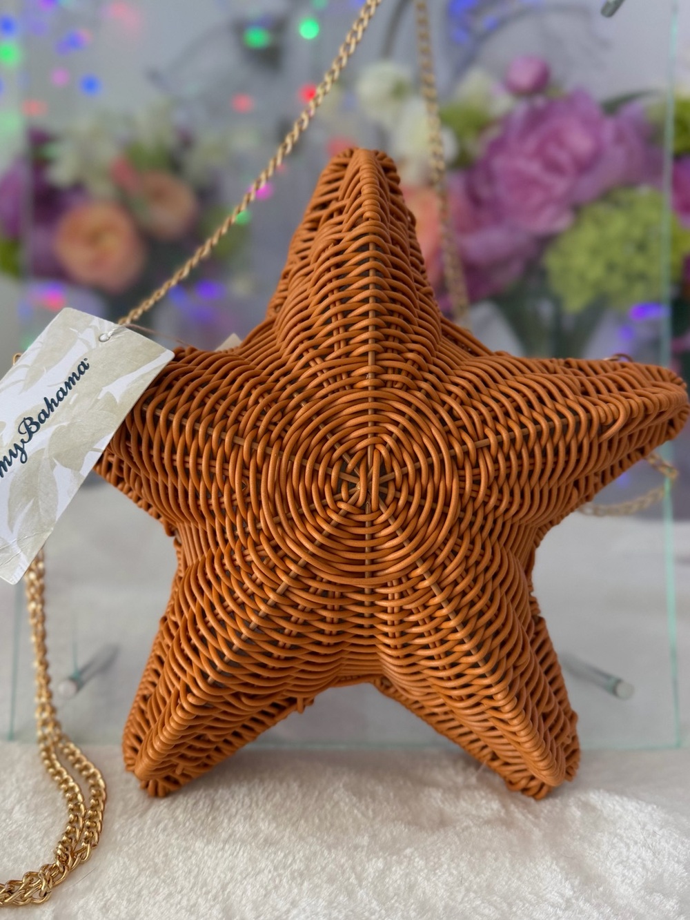 Tommy Bahama Wicker woven Starfish gold chain crossbody beach coastal new